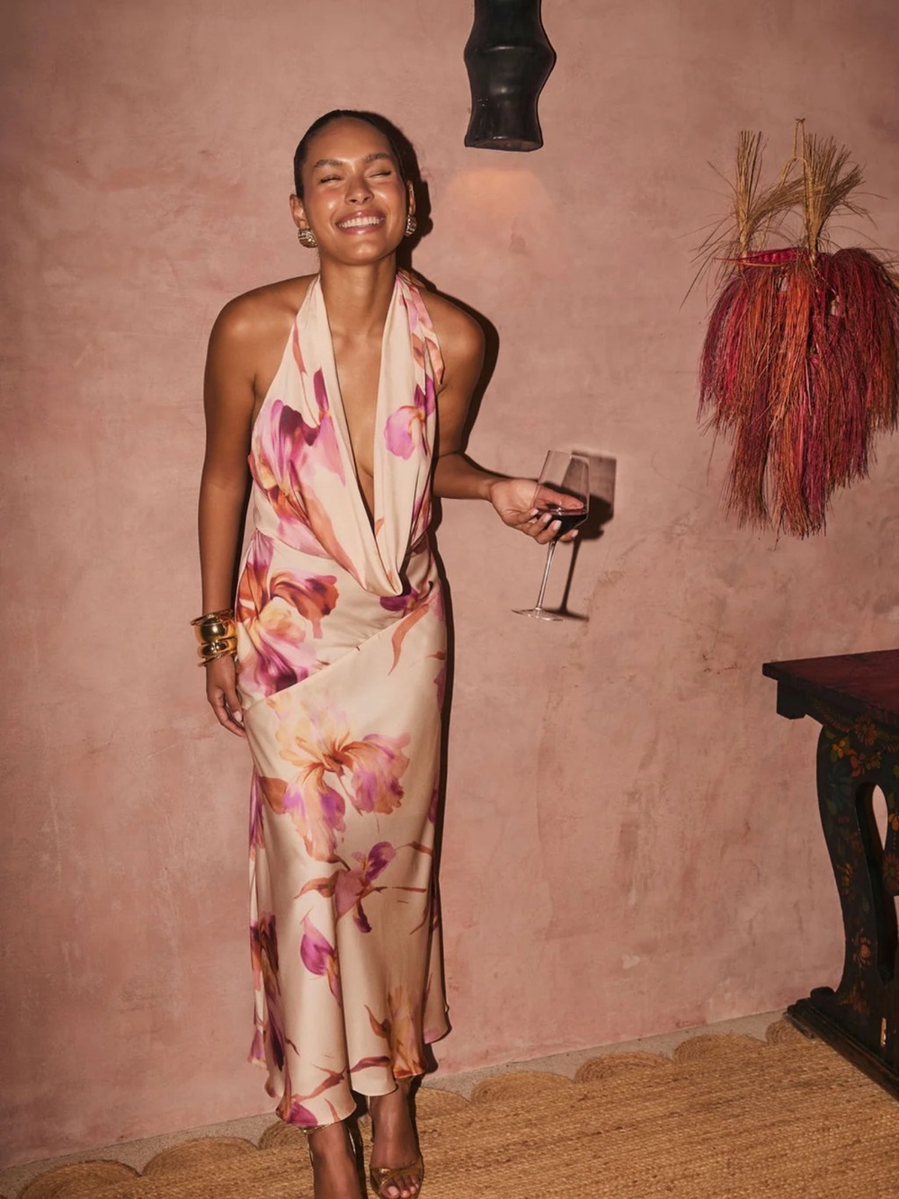 12th Tribe Valentine Dress- Floral Halter Satin Maxi Dress - Cream Pink